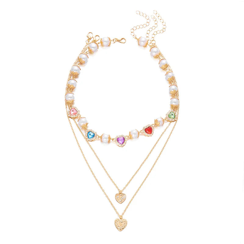 Delicate Rainbow Zircon Heart Necklace for Women Elegant Imitation Pearl Pendant Necklace Girls Party Jewelry Accessory Espiga Jewelry