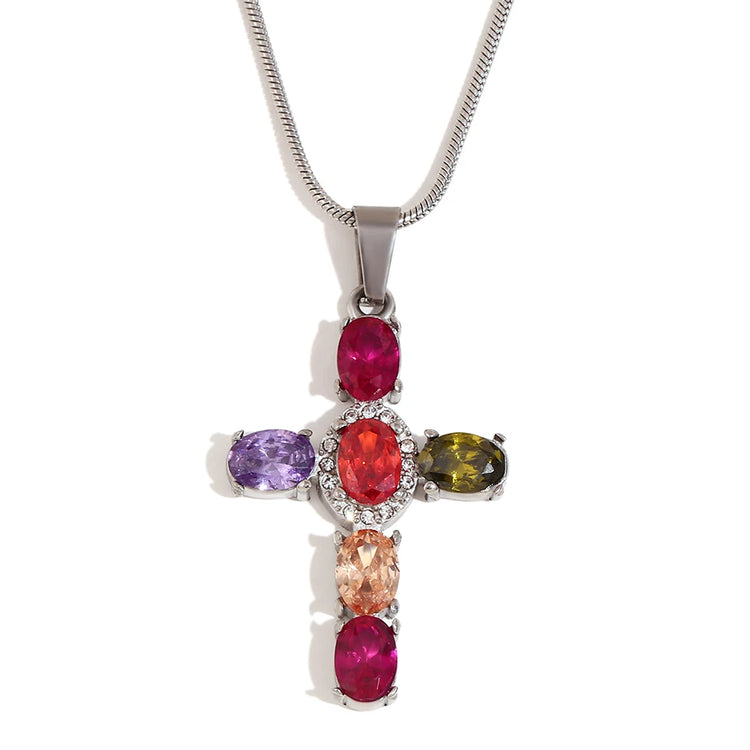 E. B. Belle Sparkling Luxury Colored Zirconia Cross Pendant Stainless Steel Women&
