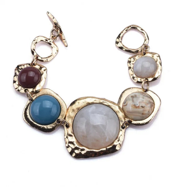 Boho Resin Stone Link Bracelet – Gold Round Cabochon
