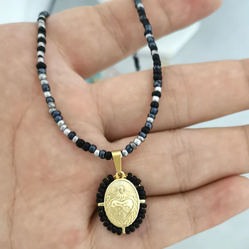 Virgin Mary Pendant Charm Necklace Women Imitation Pearl Cross Scared Heart Jesus Choker Seed Beads Gold Color Jewelry Mom Espiga Jewelry