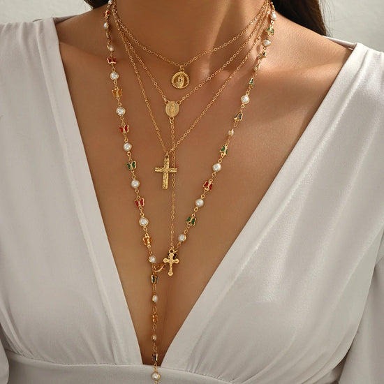 Layered Rosary Cross Necklace Vintage Gold Silver Mary Pendant Pearl Beaded Y Lariat Jewelry Gift for Women Espiga Jewelry