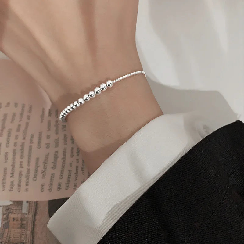 100% Solid 925 Sterling Silver Metal Bracelets for Women Men Beads Adjuatable Handmade Simple Bracelet Birthday Christmas Gift Espiga Jewelry