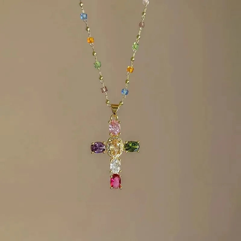 Fashion Colorful Zircon Cross Pendant Necklace For Women Stainless Steel Silver Color Charm Religious Necklaces Jewelry Espiga Jewelry