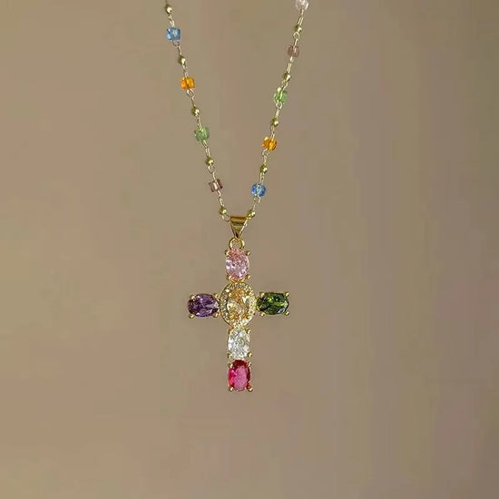 Fashion Colorful Zircon Cross Pendant Necklace For Women Stainless Steel Silver Color Charm Religious Necklaces Jewelry Espiga Jewelry