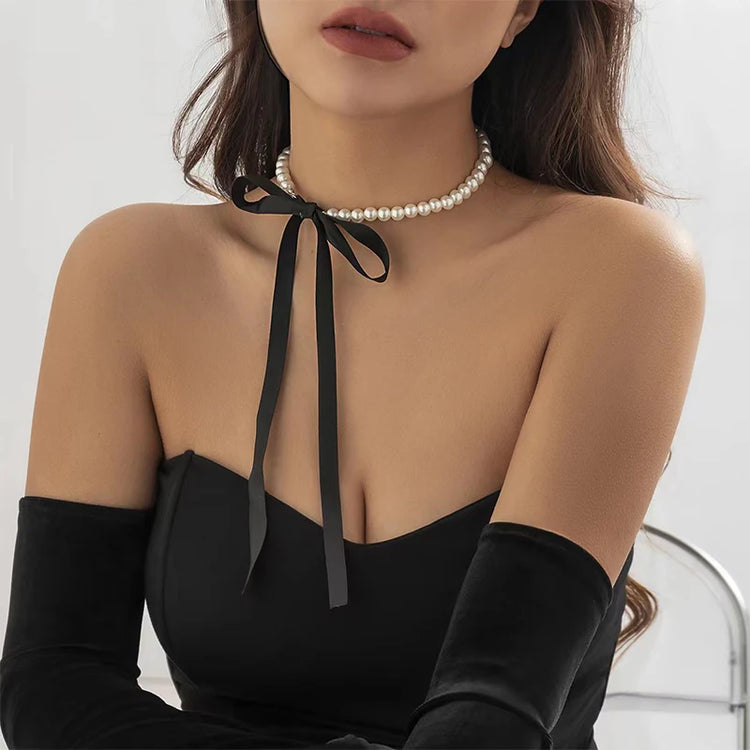 Elegant Black Velvet Ribbon Bowknot Choker Necklace For Women Wed Goth Imitation Pearl Clavicle Chain Y2K Accessories Espiga Jewelry
