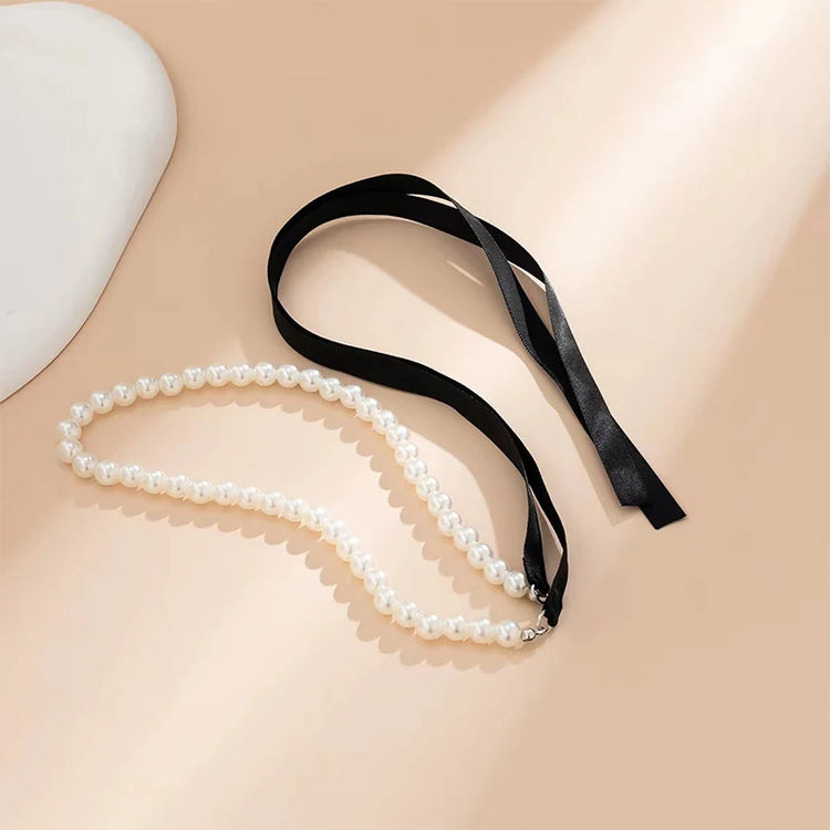 Elegant Black Velvet Ribbon Bowknot Choker Necklace For Women Wed Goth Imitation Pearl Clavicle Chain Y2K Accessories Espiga Jewelry