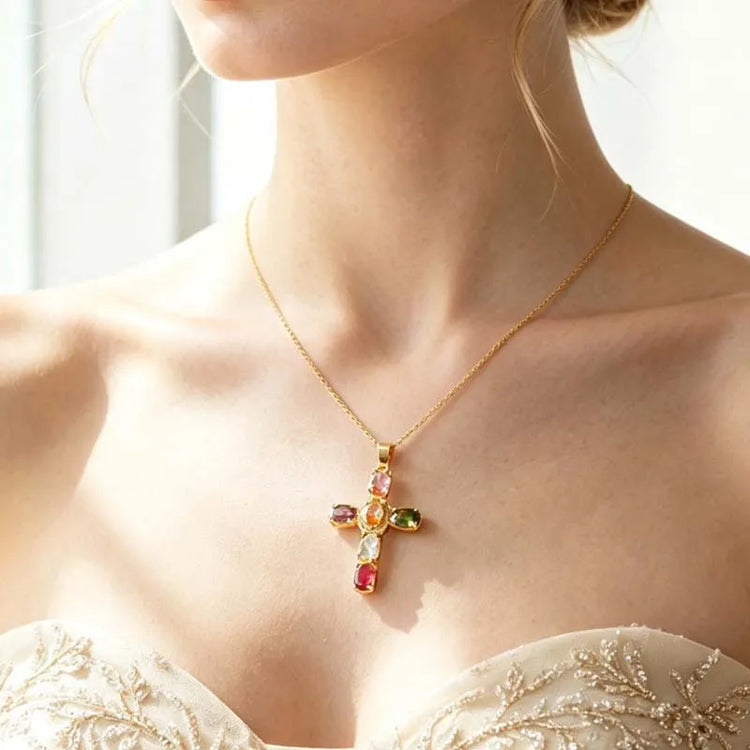 Fashion Colorful Zircon Cross Pendant Necklace For Women Stainless Steel Silver Color Charm Religious Necklaces Jewelry Espiga Jewelry