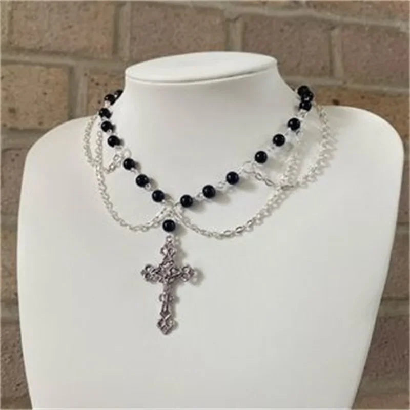 Victorian Gothic Cross Rosary Necklace With Chain Charm Handmade Sacred Pearl Beaded Necklace Layered Necklace Espiga Jewelry