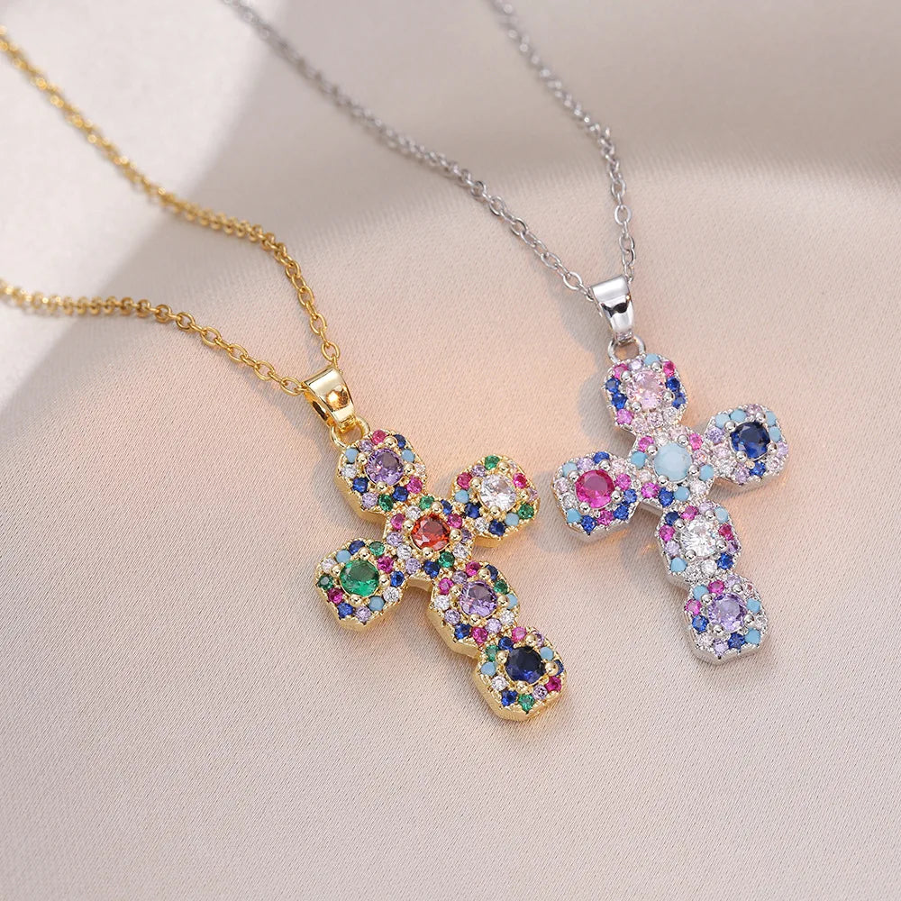 Fashion Colorful Zircon Cross Pendant Necklaces for Women Girls Stainless Steel Romantic Jewelry Accessories Gifts Espiga Jewelry