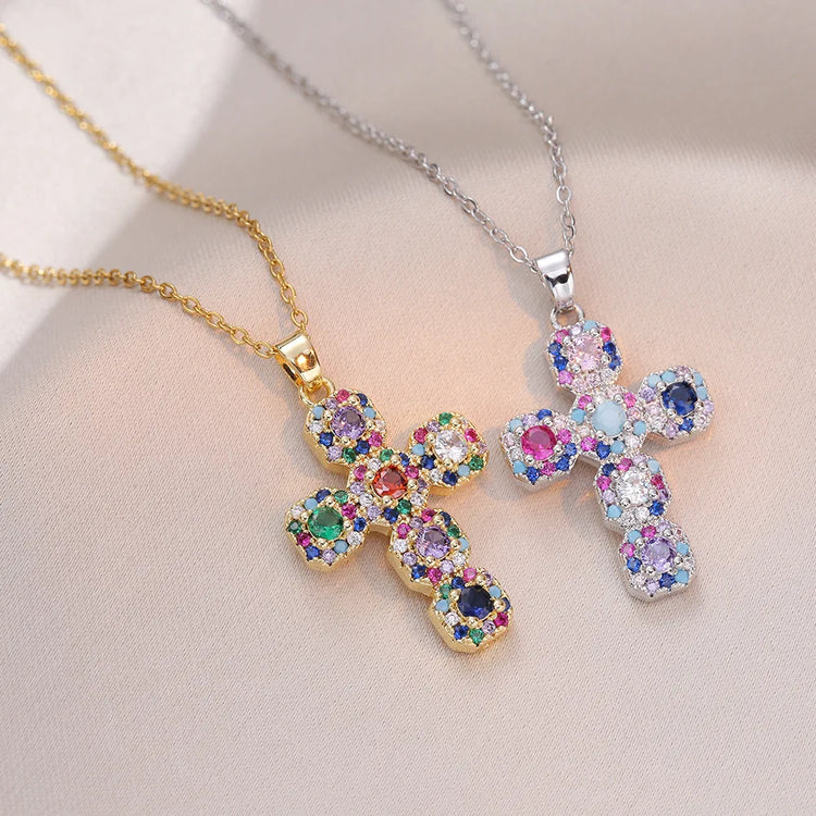 Fashion Colorful Zircon Cross Pendant Necklaces for Women Girls Stainless Steel Romantic Jewelry Accessories Gifts Espiga Jewelry