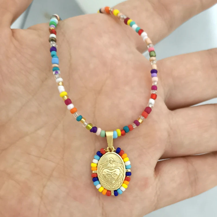 Virgin Mary Pendant Charm Necklace Women Imitation Pearl Cross Scared Heart Jesus Choker Seed Beads Gold Color Jewelry Mom Espiga Jewelry