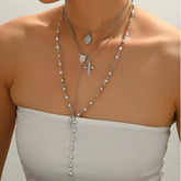 Layered Rosary Cross Necklace Vintage Gold Silver Mary Pendant Pearl Beaded Y Lariat Jewelry Gift for Women Espiga Jewelry