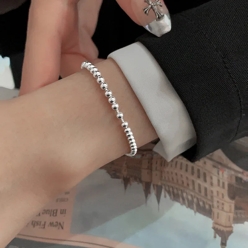 100% Solid 925 Sterling Silver Metal Bracelets for Women Men Beads Adjuatable Handmade Simple Bracelet Birthday Christmas Gift Espiga Jewelry