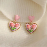 New Trendy Vintage Pink Tulip Flower Heart Pendant Earrings for Women Spring and Summer Sweet Design Wedding Party Jewelry Gifts Espiga Jewelry