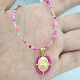 Virgin Mary Pendant Charm Necklace Women Imitation Pearl Cross Scared Heart Jesus Choker Seed Beads Gold Color Jewelry Mom Espiga Jewelry