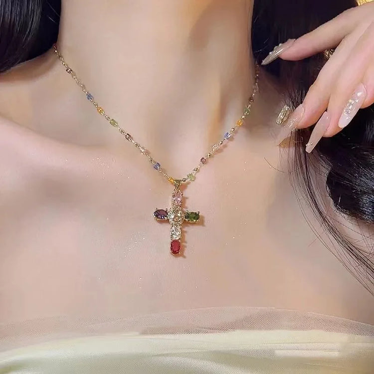Fashion Colorful Zircon Cross Pendant Necklace For Women Stainless Steel Silver Color Charm Religious Necklaces Jewelry Espiga Jewelry