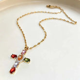 Fashion Colorful Zircon Cross Pendant Necklace For Women Stainless Steel Silver Color Charm Religious Necklaces Jewelry Espiga Jewelry