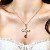 Fashion Colorful Zircon Cross Pendant Necklace For Women Stainless Steel Silver Color Charm Religious Necklaces Jewelry Espiga Jewelry