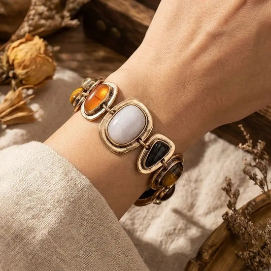 Vintage Multicolor Resin Stone Beaded Bracelet For Women Men Boho Ethnic Irregular Stone Metal Link Bracelets Statement Jewelry Espiga Jewelry