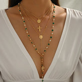 Layered Rosary Cross Necklace Vintage Gold Silver Mary Pendant Pearl Beaded Y Lariat Jewelry Gift for Women Espiga Jewelry