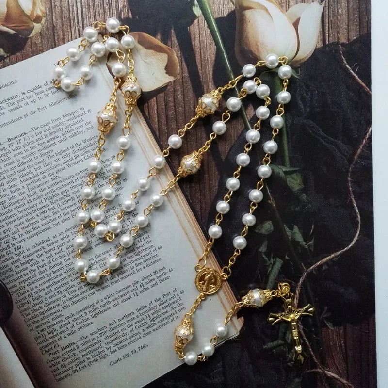 Religious Five Blessed Rosary Necklace  Prayer Beaded Chain Chaplet Saint Benedict Medal Crucifix Cross Y-Necklace  Jewelry Espiga Jewelry